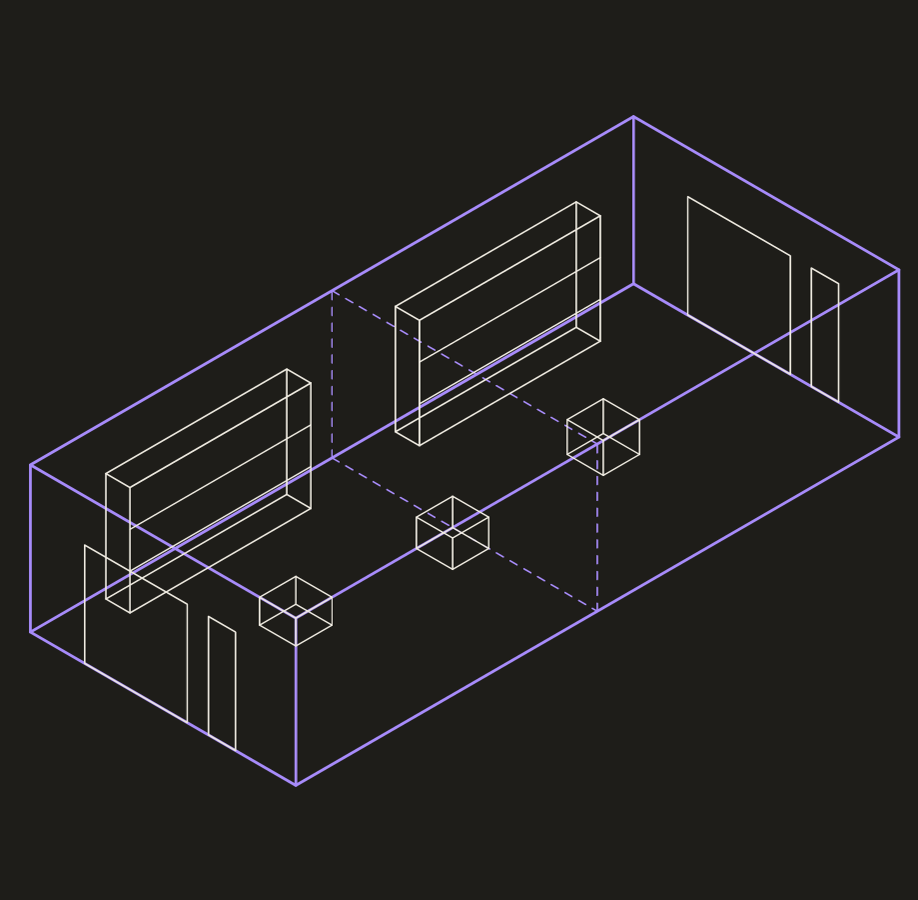 Cutaway diagram of two units joined along their depth to create a drive-through bay